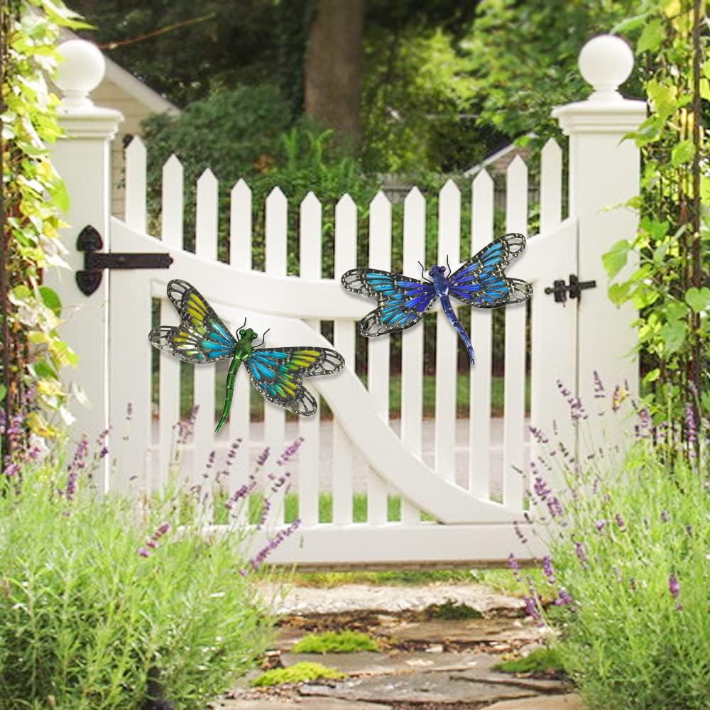 71-O96BHLQL._AC_SL1000_ Gradient Stained Glass Dragonfly Wall Art (Set of 2) - Metal Outdoor Decor | Home Garden Hanging Sculptures (Blue & Green) - Image 1