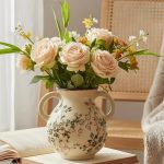 6" Vine Pattern Ceramic Vase Double Handle - Vintage Floral Decorative Vase