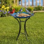 15″ Large Glass Bird Bath & Feeder (Blue) with Metal Stake