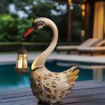 Swan Sculpture Solar Lantern - Outdoor Garden Decor Metal Statue with LED Light for Patio, Poolside & Yard Art