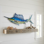Large Metal Fish Wall Art 36"- Tropical Swordfish Sculpture with Glass Inlay, Indoor Outdoor Ocean Decor for Patio, Porch & Bedroom
