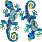 Bohemian Mandala Gecko Wall Art (Set of 2, Blue) - Metal & Glass Outdoor Decor
