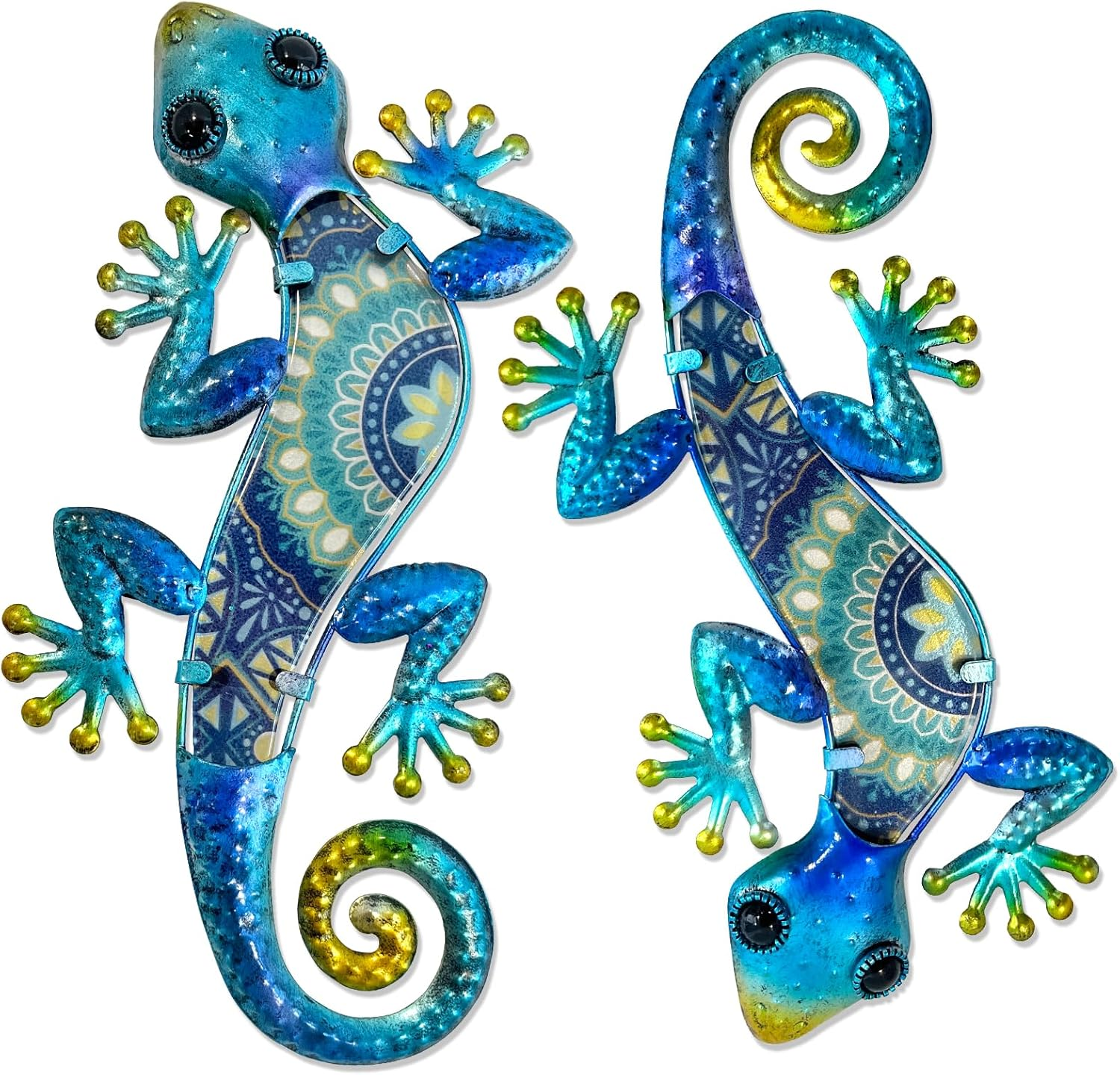 4ddfc37730cb4af3a96618a8bed9bc3f Bohemian Mandala Gecko Wall Art (Set of 2, Blue) - Metal & Glass Outdoor Decor - Image 1