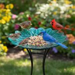 15″ Large Glass Bird Bath & Feeder (Green) with Metal Stake