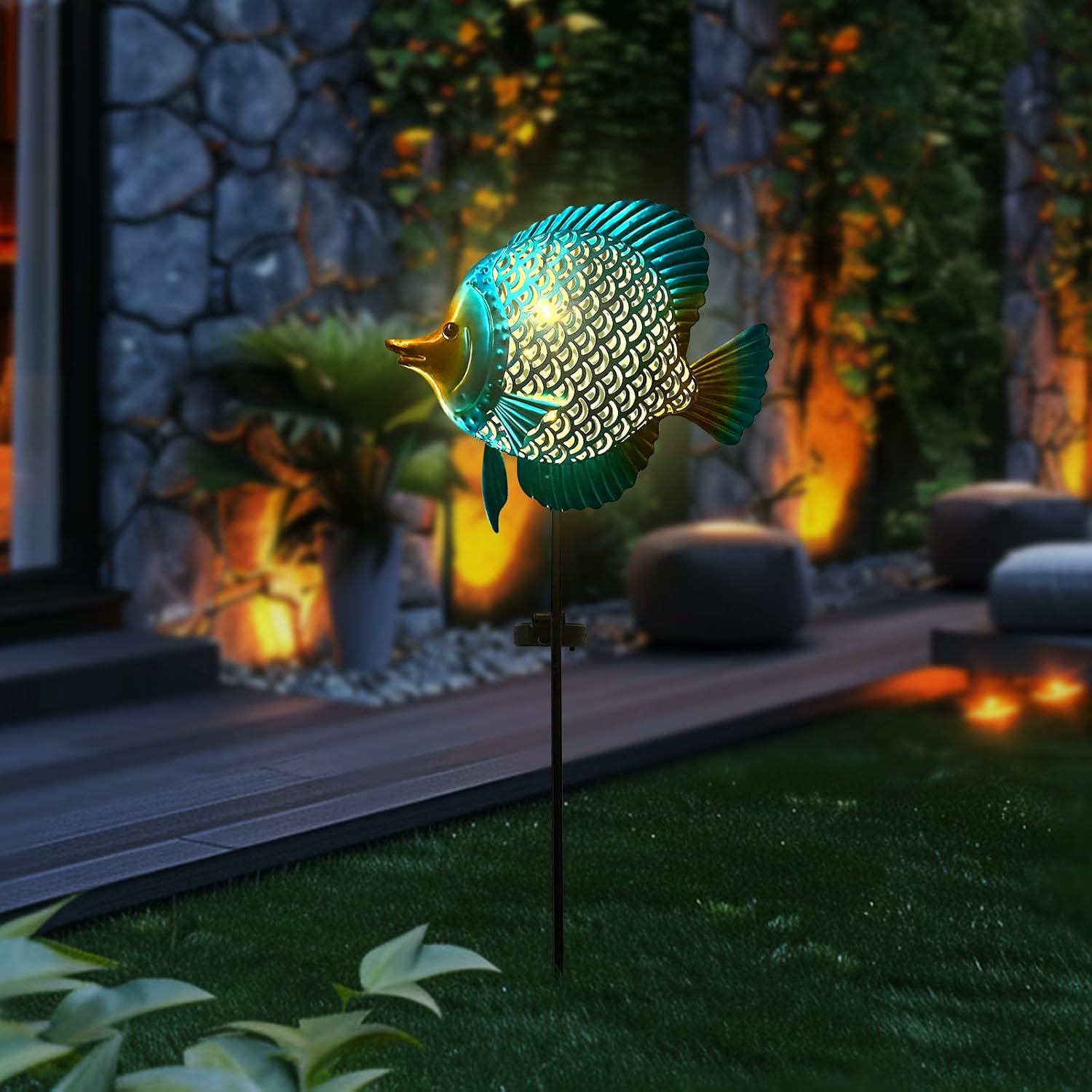 710e6n2zc5L._AC_SL1500_ Metal Fish Solar Garden Stake Light - Warm Yellow LED Waterproof Pathway Light - Image 1
