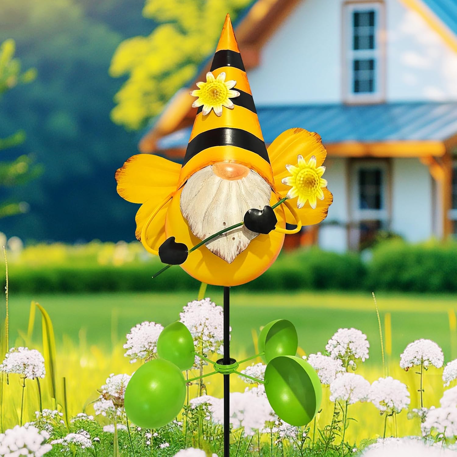 711h0eARbwL._AC_SL1500_ 48″ Bee Gnome Metal Yard Art – 360° Swivel Wind Spinner - Image 1