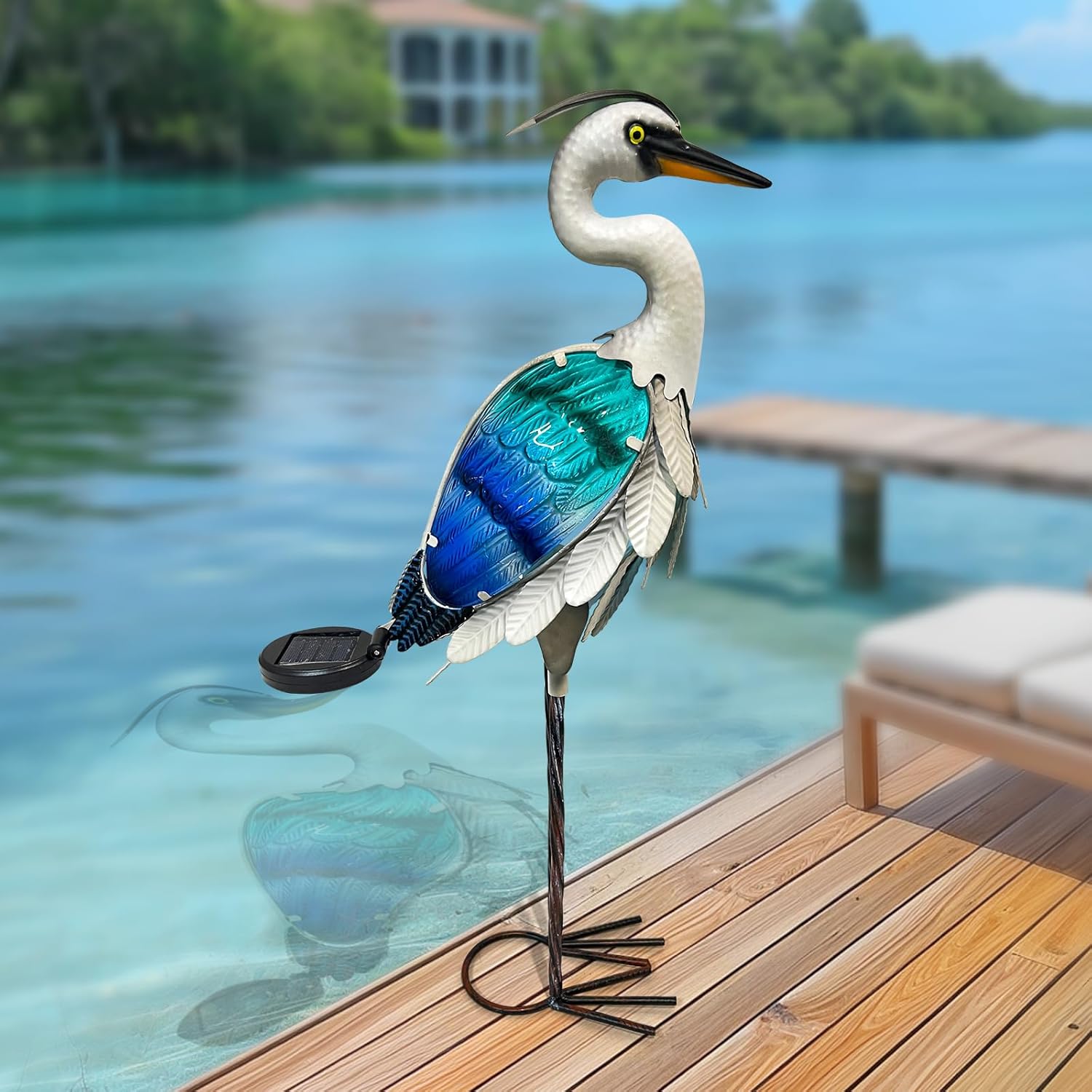 712oMzWI3RL._AC_SL1500_ Solar Metal Heron Crane Sculpture – Teal Glass Accent - Image 1