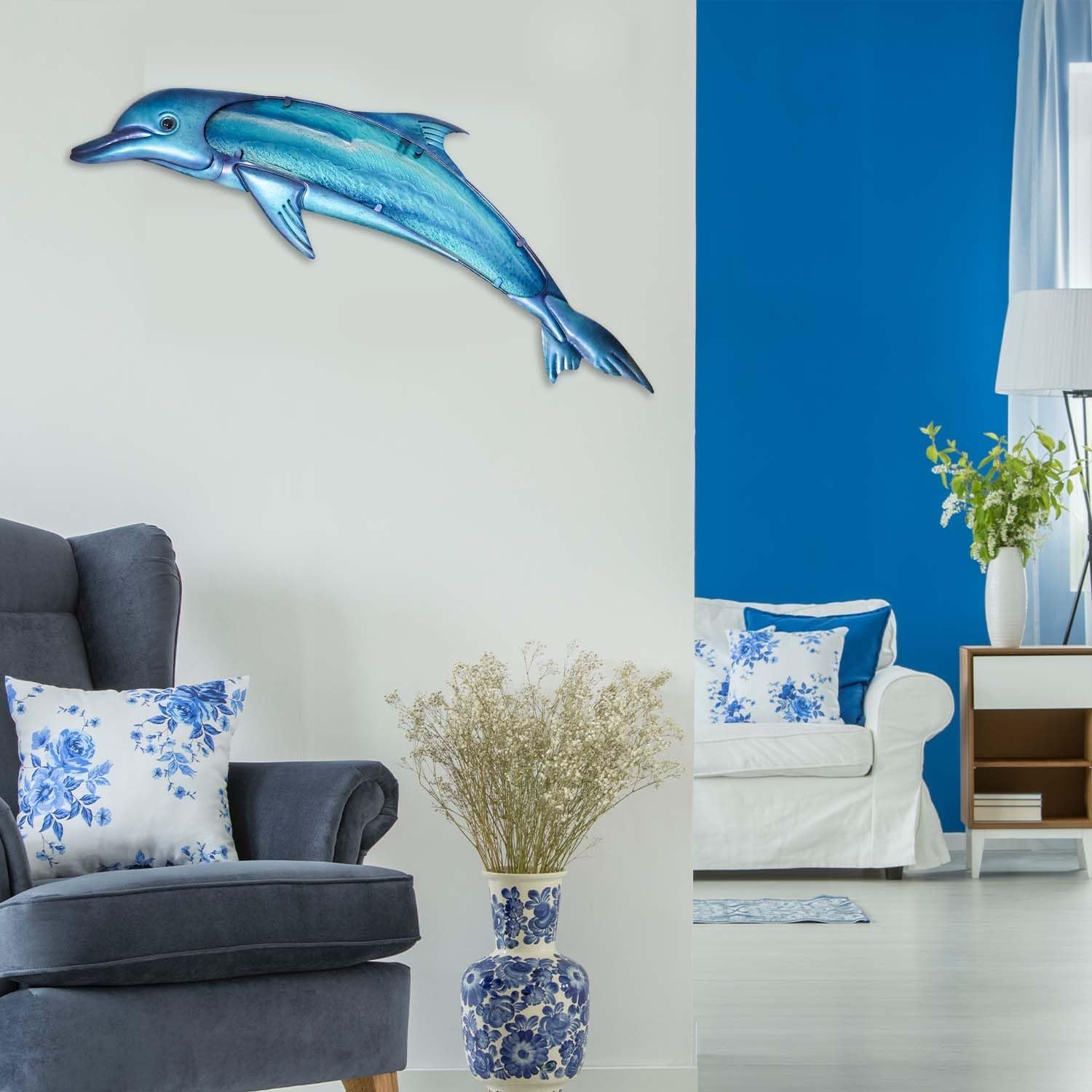 715evVtxVIL._AC_SL1500_ 36" Dolphin Wall Sculpture - Metal & Glass Hanging Art - Image 1