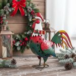 Metal Christmas Rooster Statue - Solar Light Garden Decor