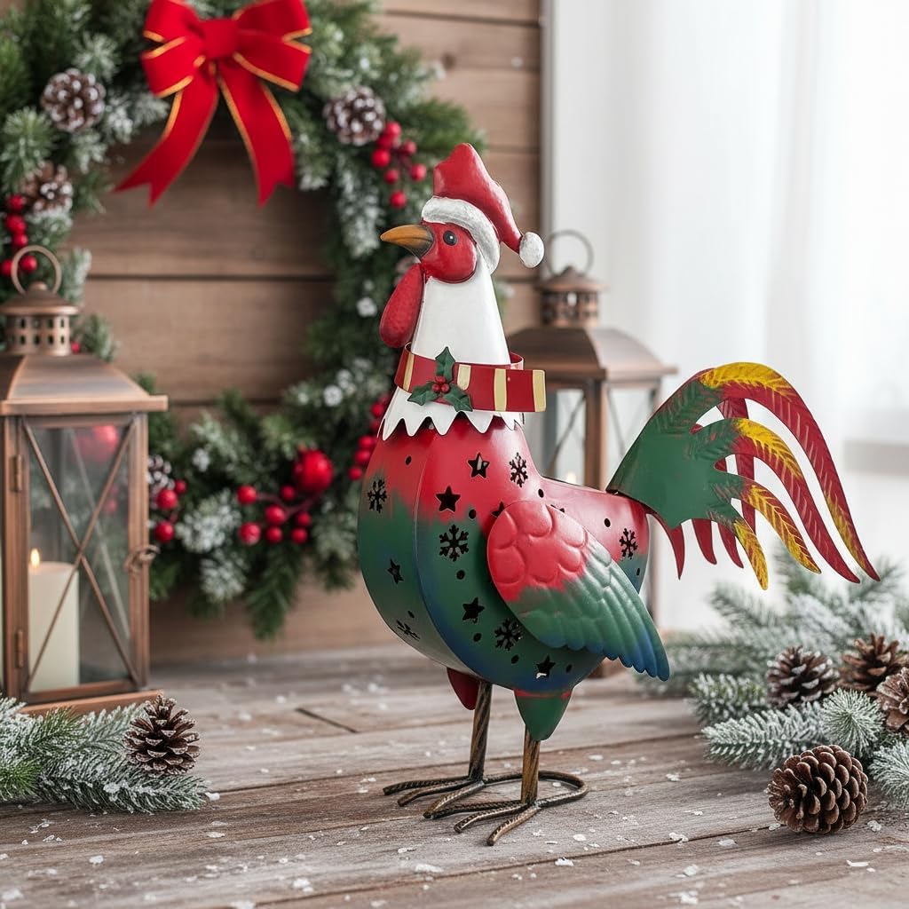 717twgKaayL._AC_SL1024_ Metal Christmas Rooster Statue - Solar Light Garden Decor - Image 1