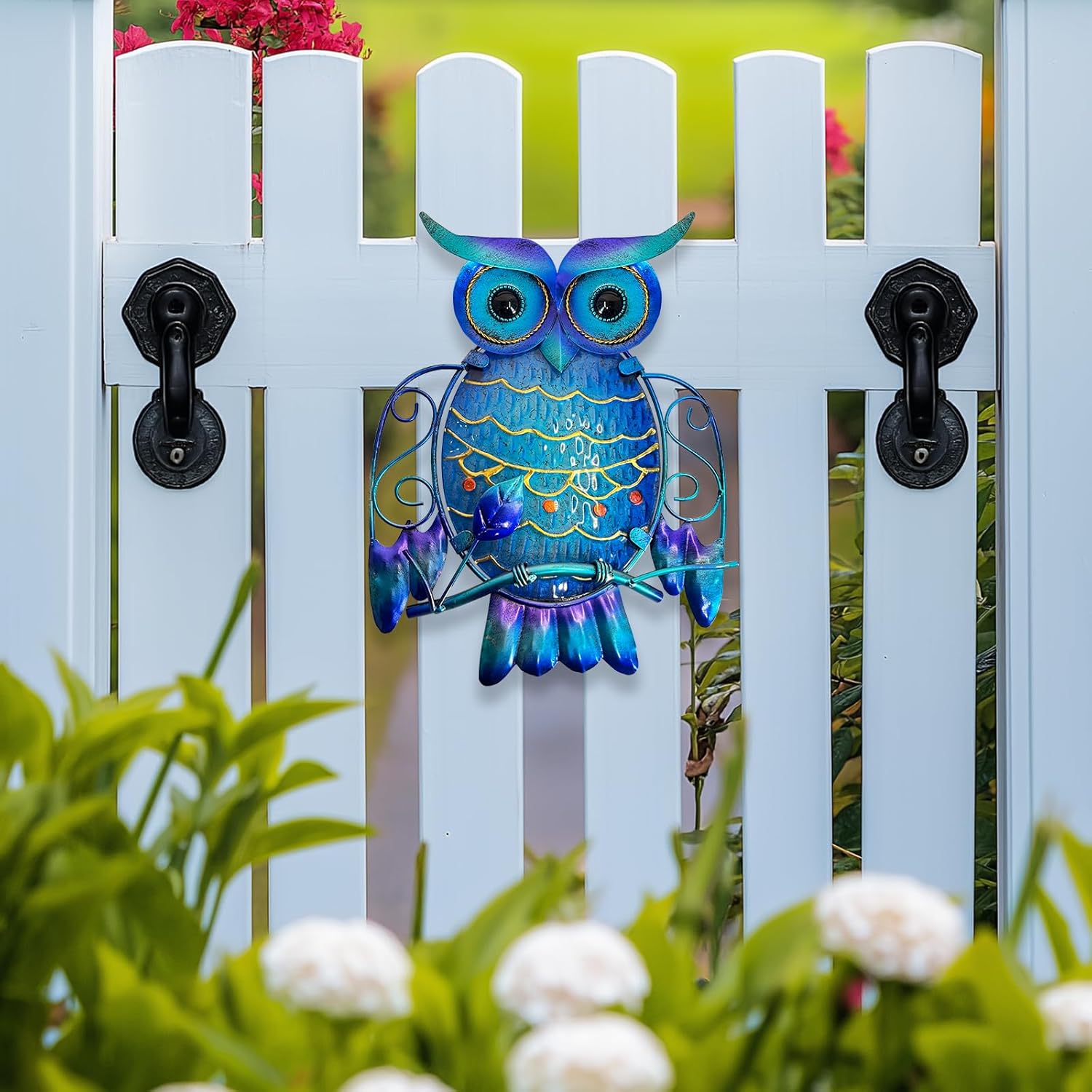 71G8TrSfQkL._AC_SL1500_ 12″ Owl Wall Decor (Blue) - Metal & Glass Hanging Decor - Image 1