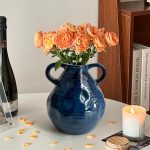 6.3″ Blue Ceramic Vase Double Handle - Modern Farmhouse Centerpiece