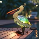 17" Solar Metal Pelican Statue (Blue-Green) - Glass Feather Coastal Bird Sculpture