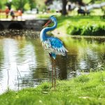 Solar Metal Heron Sculpture – Blue Accent