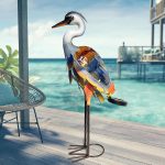 Solar Metal Heron Crane Sculpture – Orange-Purple  Glass Accent