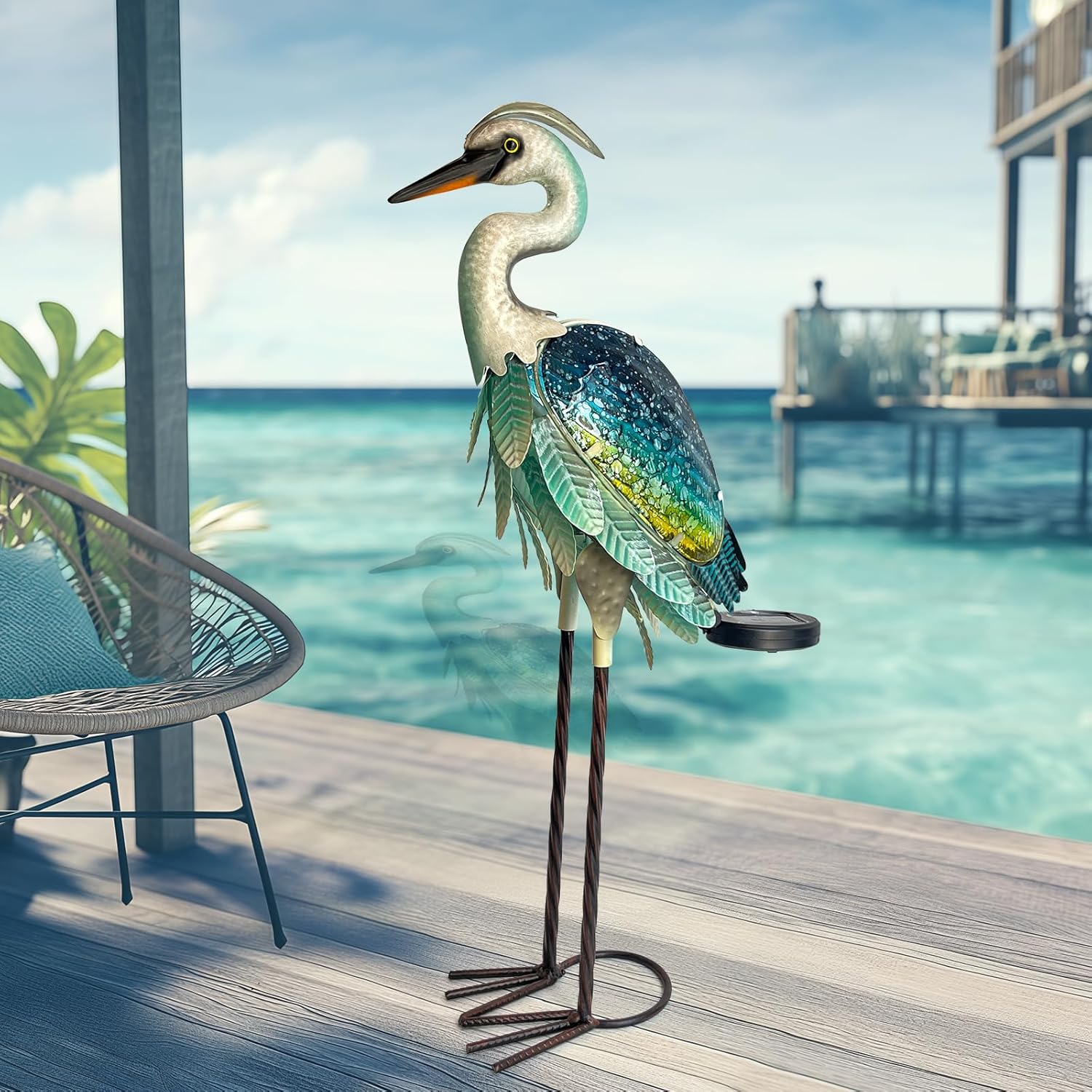 81ykRoEHyWL._AC_SL1500_ Solar Metal Heron Crane Sculpture - Green Glass Accent Bird Statue - Image 1