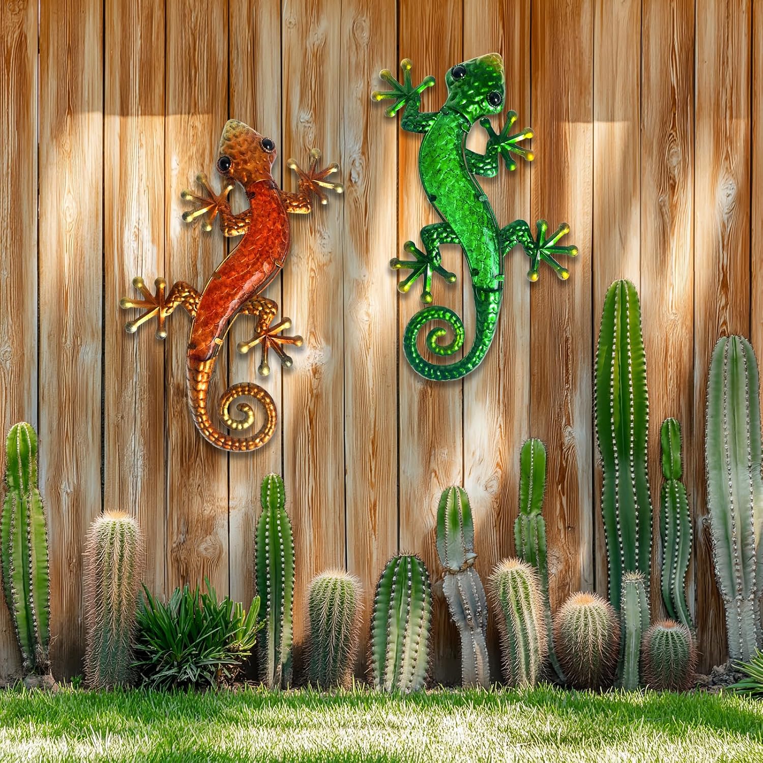 914OX7GUh9L._AC_SL1500_ 15″ Metal & Glass Gecko Wall Sculptures (Set of 2,Green & Orange) - Image 1
