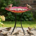 15" Large Glass Bird Bath & Feeder (Red) with Metal Stand