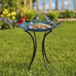 15″ Large Glass Bird Bath & Feeder (Blue) with Metal Stake