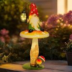 16.5″ Gnome Sitting on Mushroom Garden Statue with Solar Outdoor Lights