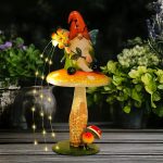 16.5" Gnome Sitting on Mushroom Garden Statue with Solar Fairy Light Strings