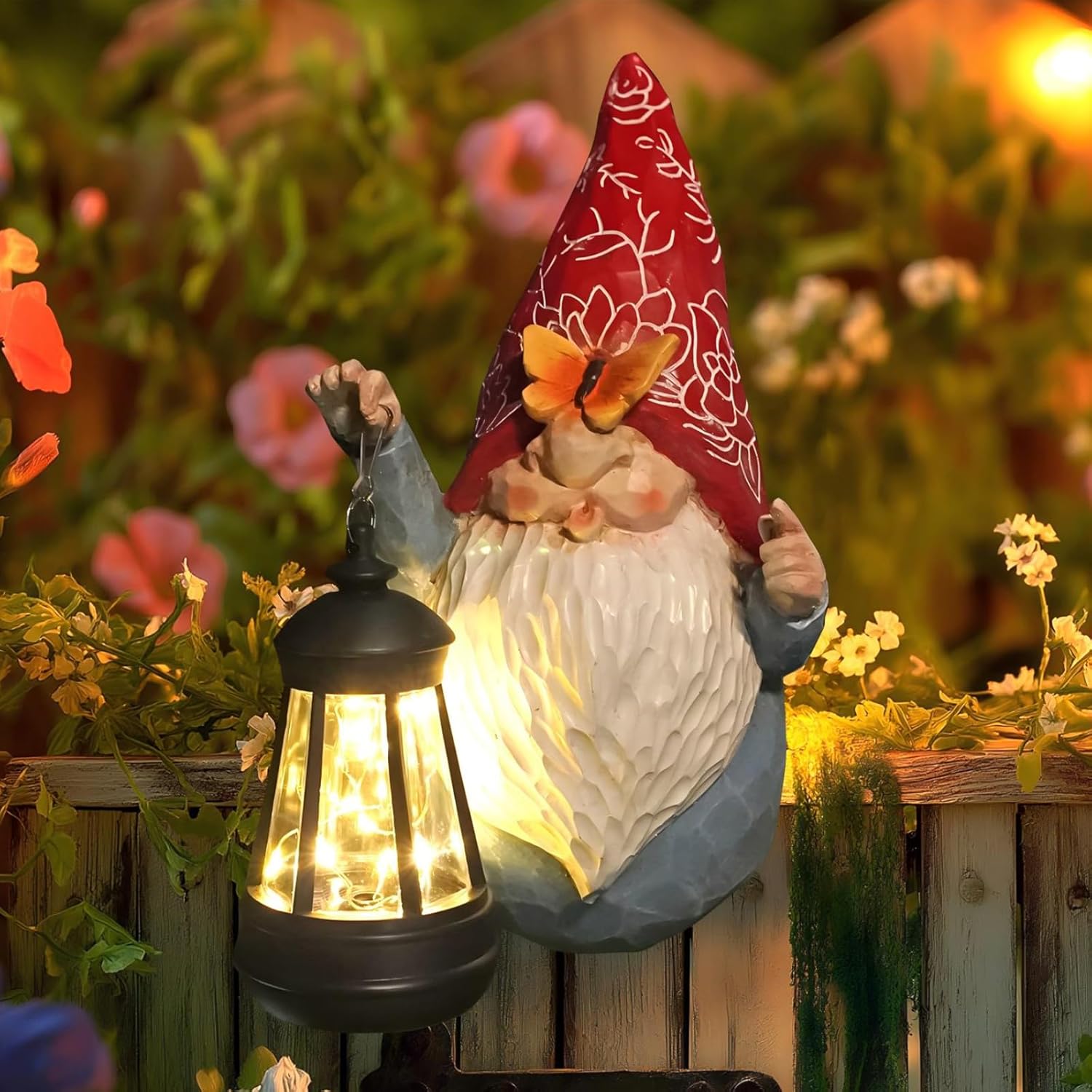71viTC4bGLL._AC_SL1500_ Red Hat Gnome Figurines Fence Hugger with Solar Lantern - Image 1