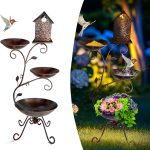 37″ Solar Antique Brass Metal Bird Bath & Planter
