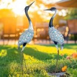 Garden Crane Statues (Set of 2, Blue) - Large Metal Bird Sculptures