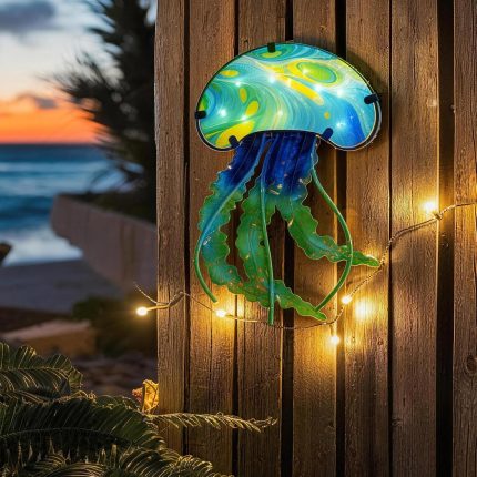 backlit metal glass jellyfish wall art, waterproof led wall hanging for seaside fence patio coastal exterior decoration