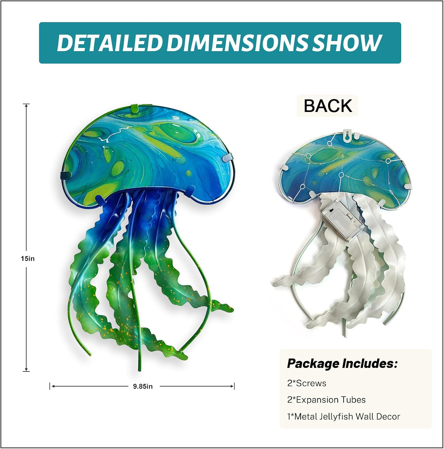 jellyfish wall art dimension metal jellyfish wall art dimension display, back structure and package contents introduction, size 15in x 9.85in
