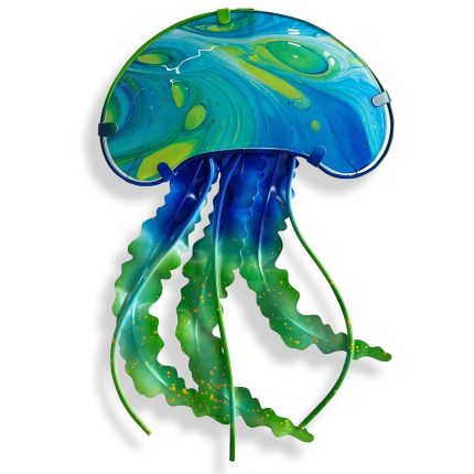 metal jellyfish wall art, blue green stained glass style ocean themed wall decor for indoor outdoor