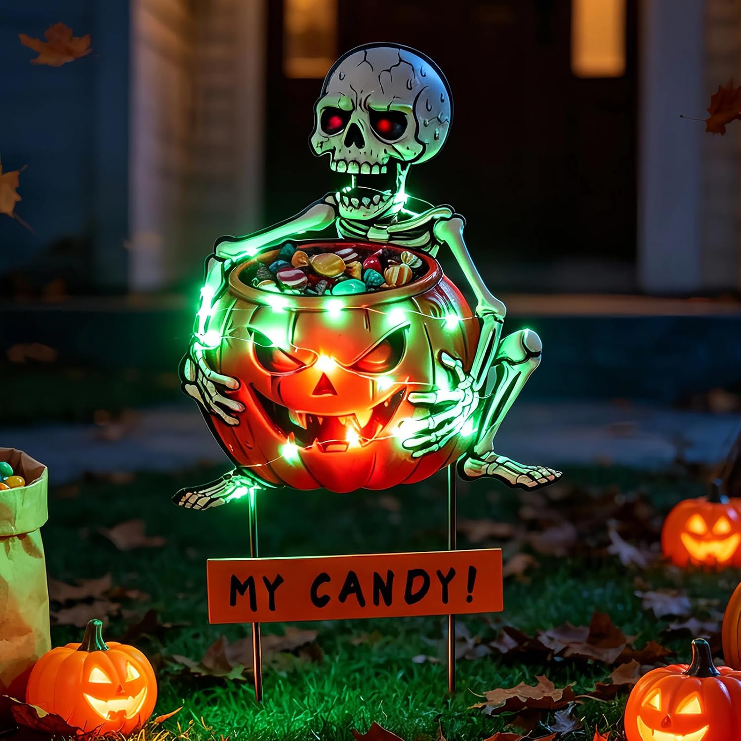 Solar Skeleton Pumpkin Halloween Yard Stake Solar Metal Skeleton Pumpkin Yard Stake - Halloween Outdoor Lighted Decor - Image 1